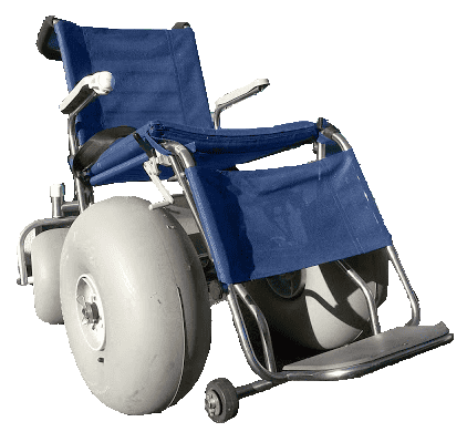 Women being pushed over the sand in a beach wheelchair